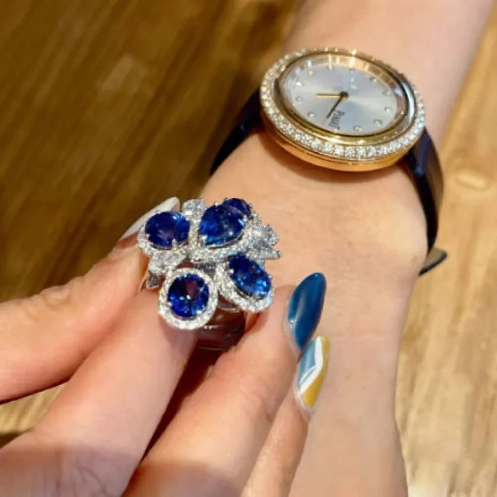 Luxury Geometric Faux Sapphire & Cubic Zirconia Floral Ring
